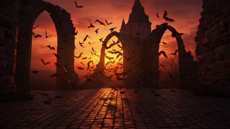 a hauntingly beautiful sunset over ancient ruins with a flocking of bats at dusk, capturing the magic and mystery of twilight