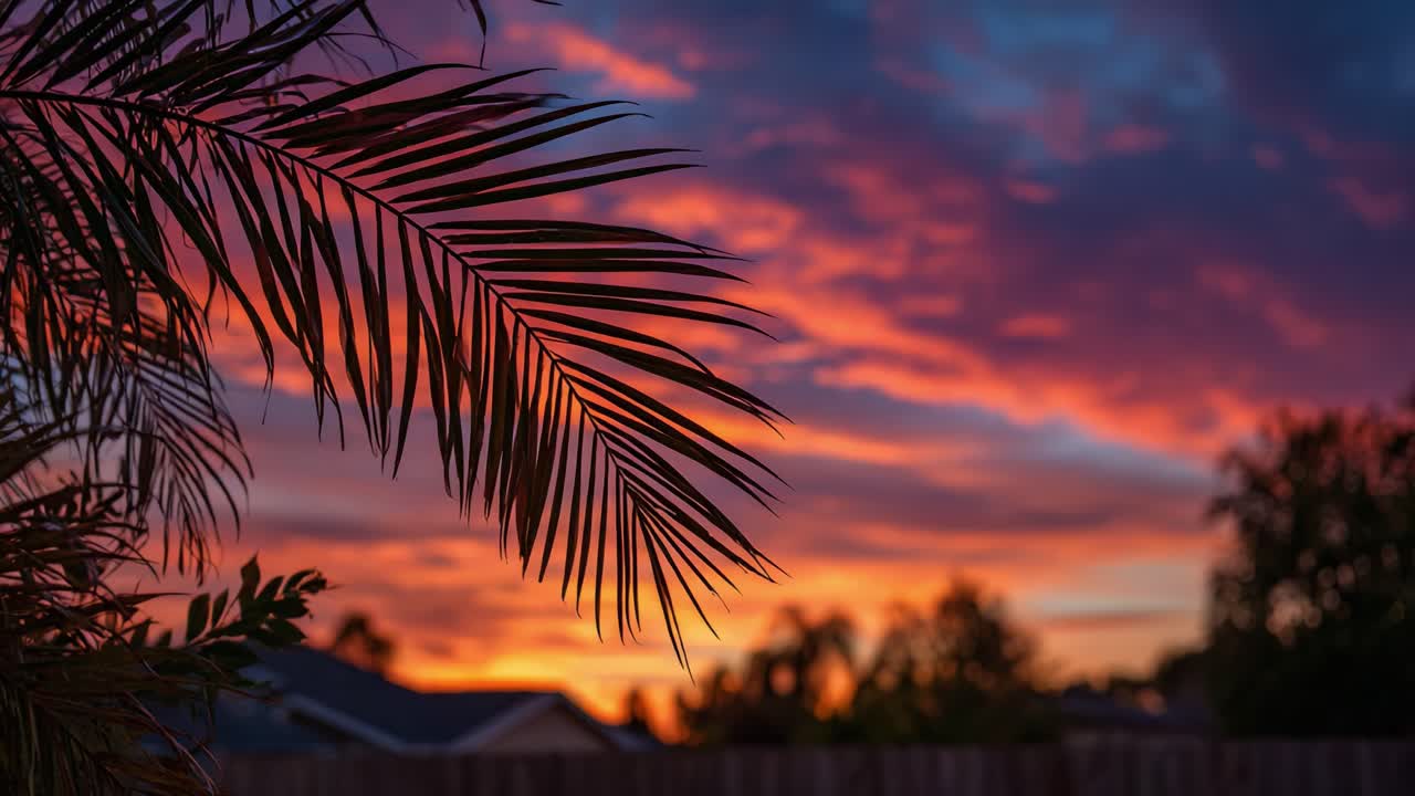 Breathtaking Sunset with Silhouette of Palm Fronds Against Colorful Sky: An Evening of Nature's Splendor and Tranquility captured in Two Stunning Frames