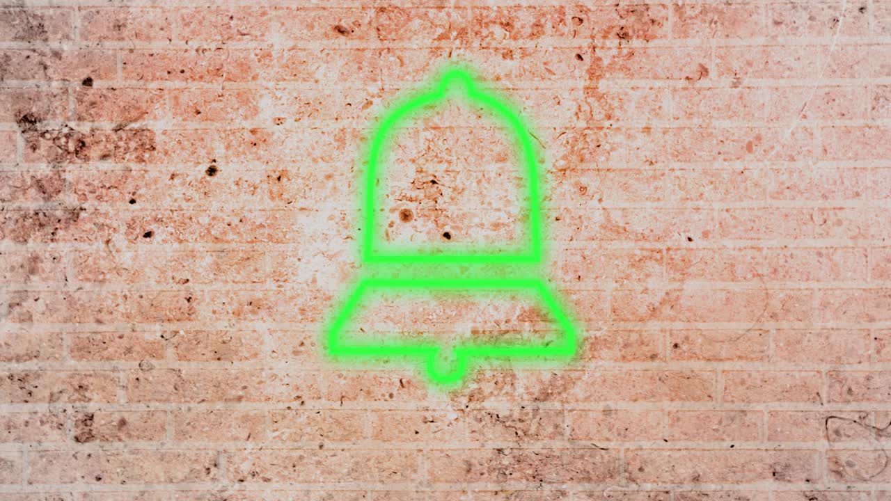 벽돌 벽에 빛나는 네온 종 알림 아이콘의 애니메이션