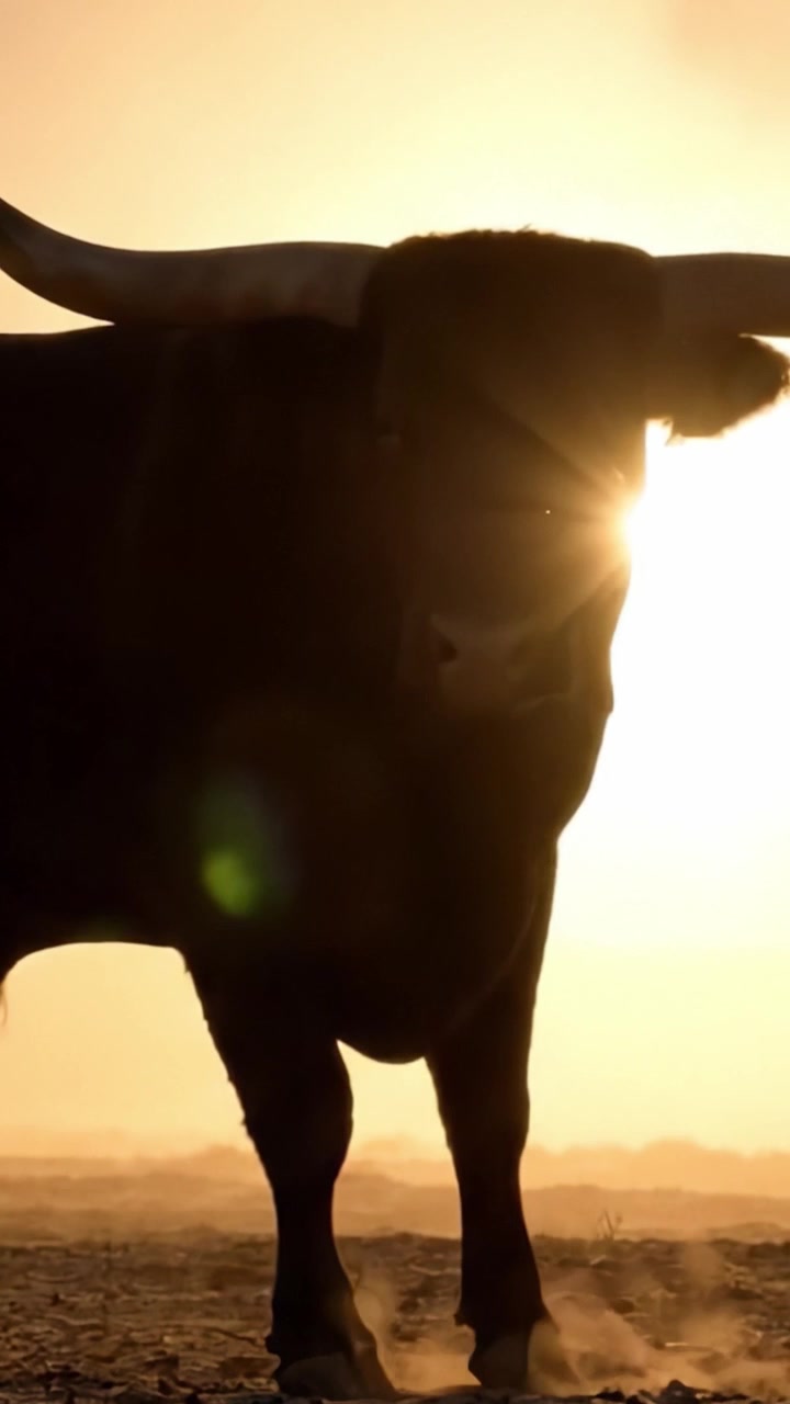 Toro in silhouette contro un tramonto dorato: catturare la maestosa presenza di un toro nella tranquilla luce serale, simboleggiando forza e la grandezza della natura.