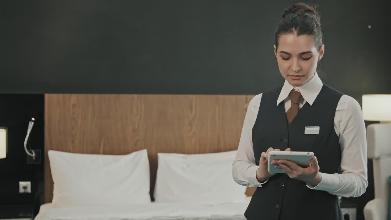 Portrait of Female Manager with Tablet in Hotel Room