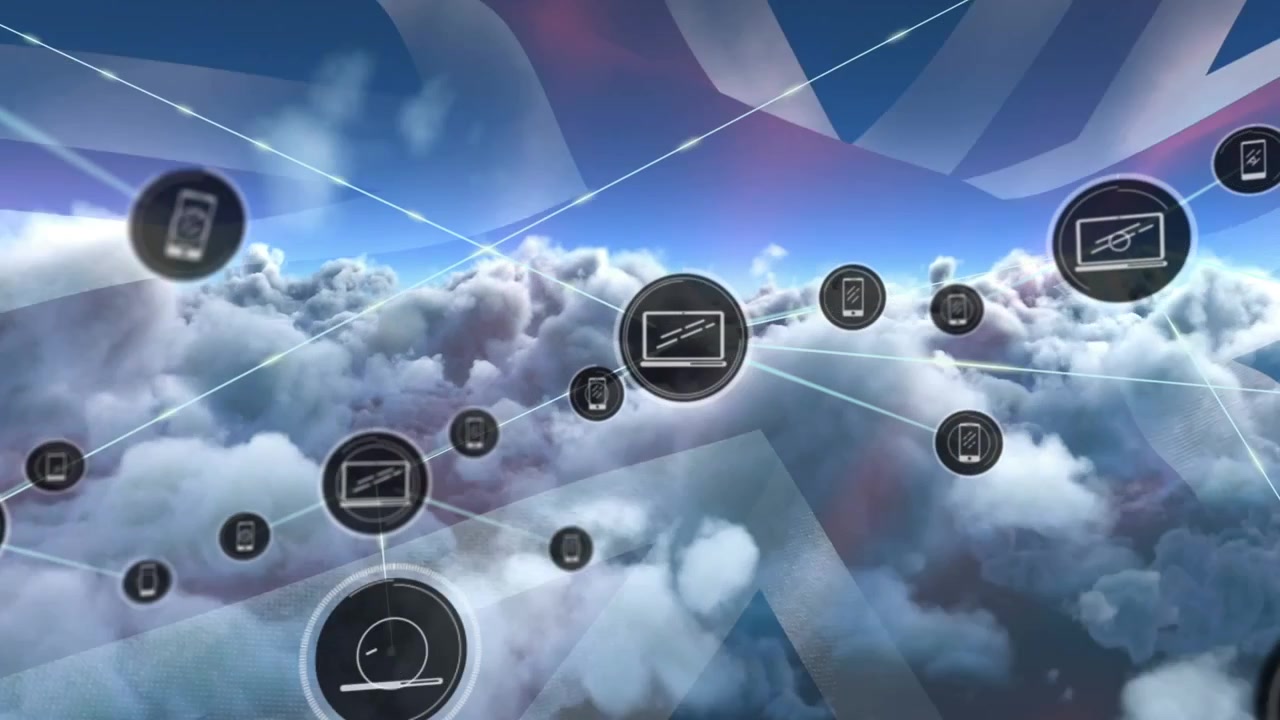 Animazione di una rete di connessioni con icone sopra una bandiera britannica, cielo con nuvole