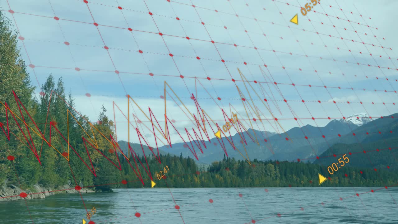 Zigzag-datalinjer animeret over en flodscene, med rødt gitter-overlay og gule markører.