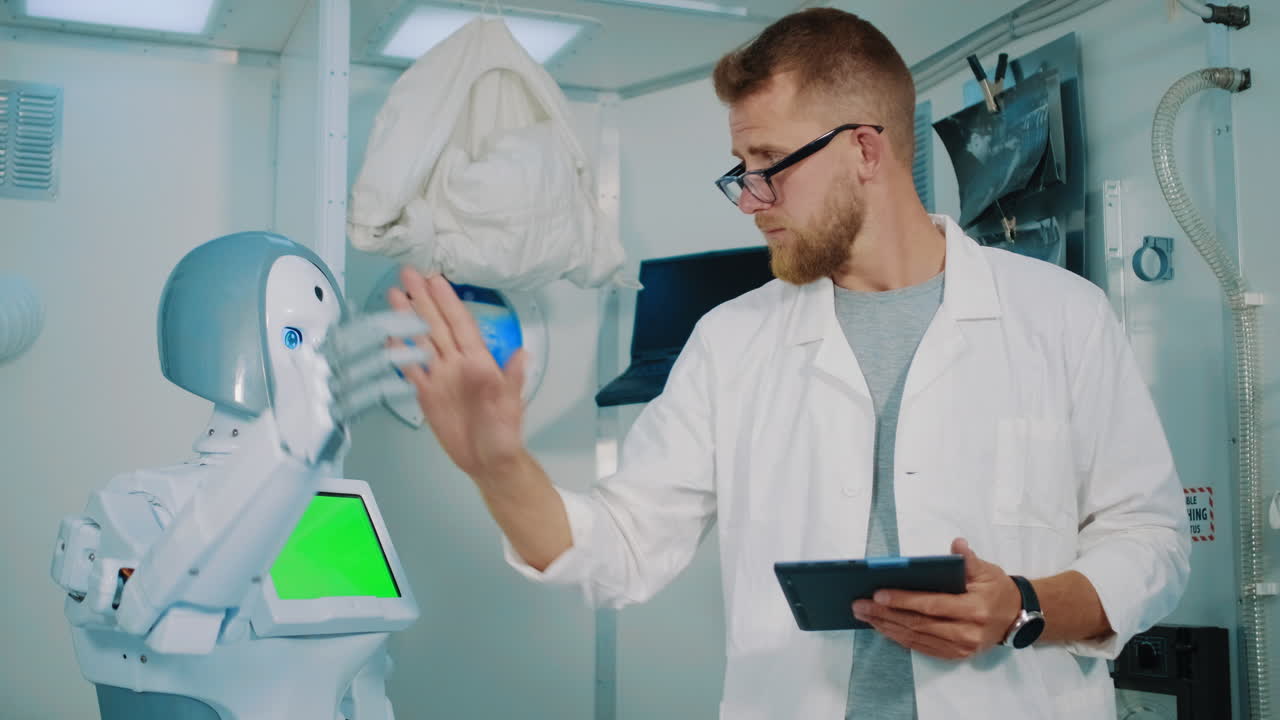 colaboración de robots y científicos en un laboratorio espacial