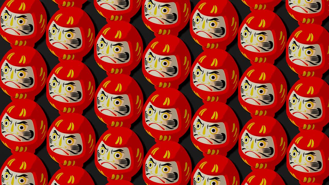 muñecas rojas de daruma sobre un fondo negro.