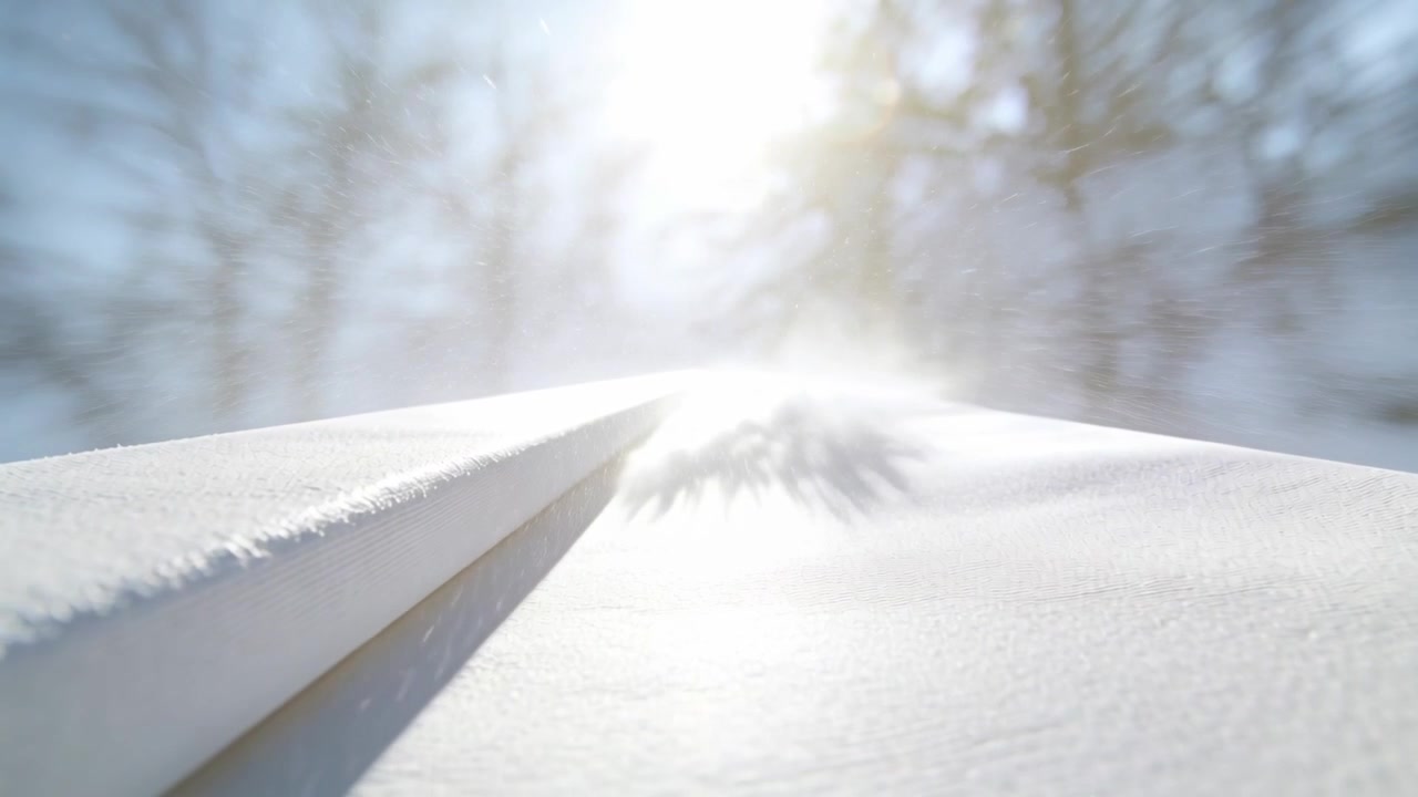 押し出すようにスタートし、低い視点から森の小道の雪の上を明るい太陽に向かって進む。尾根が見える。