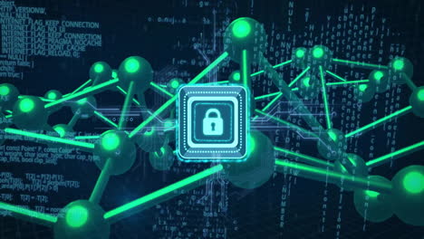 Cybersecurity lock icon with network connections and data processing animation