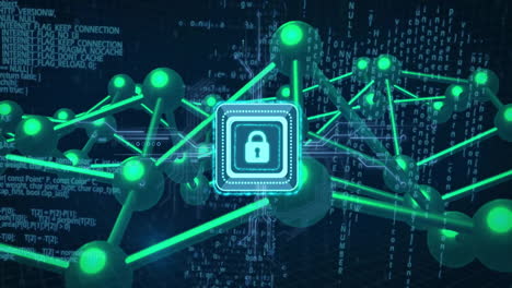 cybersecurity lock icon with network connections and data processing animation