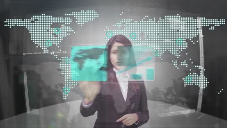 businesswoman switching windows on futuristic screen.