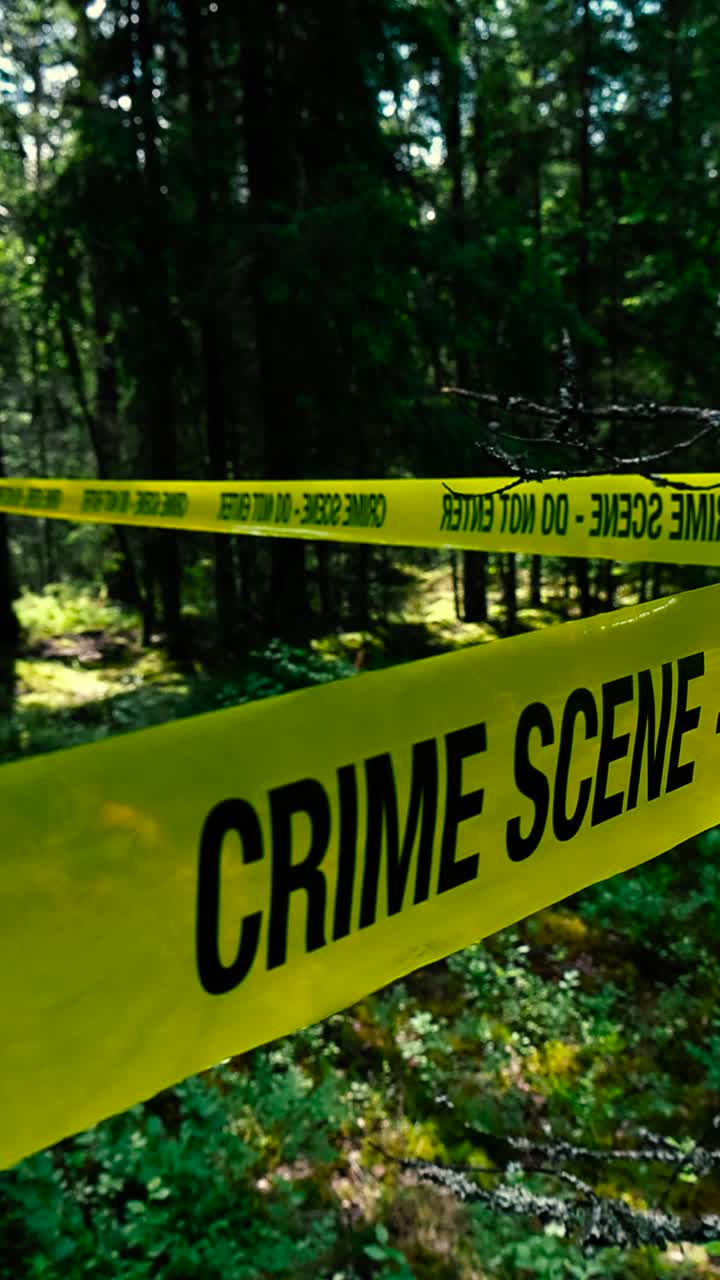 Close up shot of a vibrant colored yellow Crime Scene Do Not Enter tape in front of an ivestigation area with bokeh blurry forest background during a sunny summer day with trees as silhouettes.