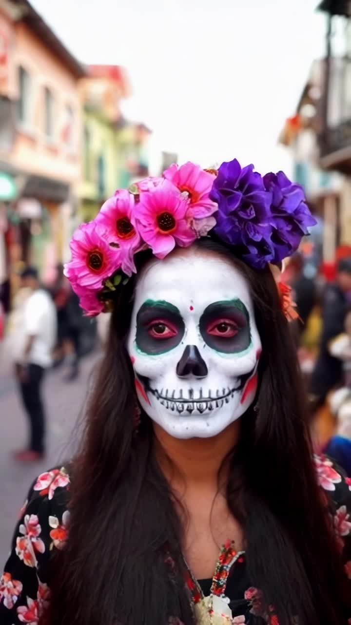A woman with a flower headdress and a painted face with a skeleton on it, Dia de Muertos