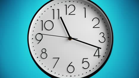 white wall clock on blue background. one hour to 12, time-lapse. time concept.