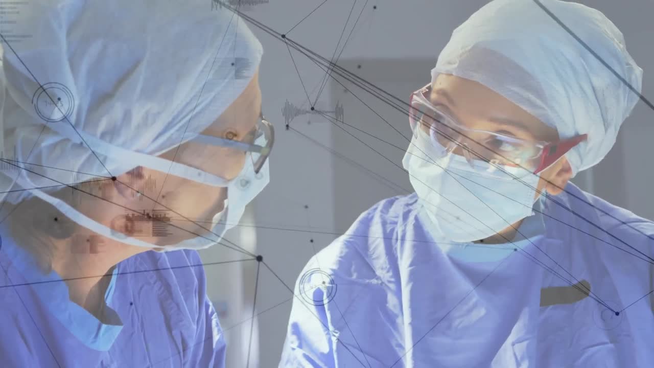animación de la red de conexiones y procesamiento de datos sobre los cirujanos en el quirófano