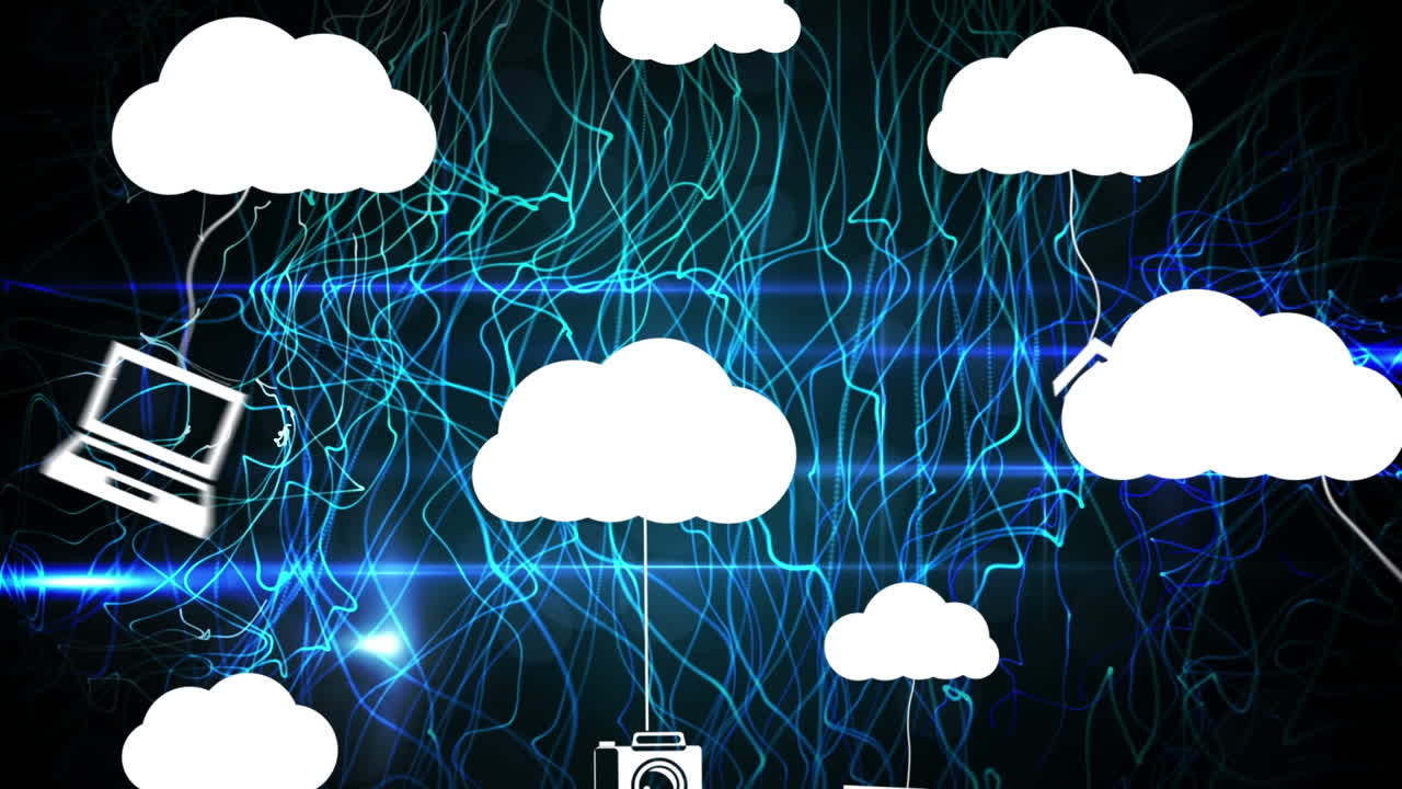 검은 바탕에 있는 미디어 아이콘과 빛의 흔적의 애니메이션