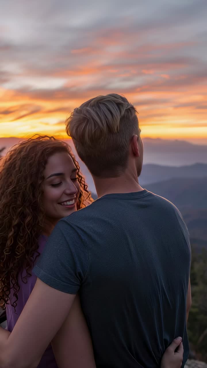Vídeo vertical: Casal inclinado se abraçando, desenho do pôr do sol os aproximando no topo, smartwatch roxo