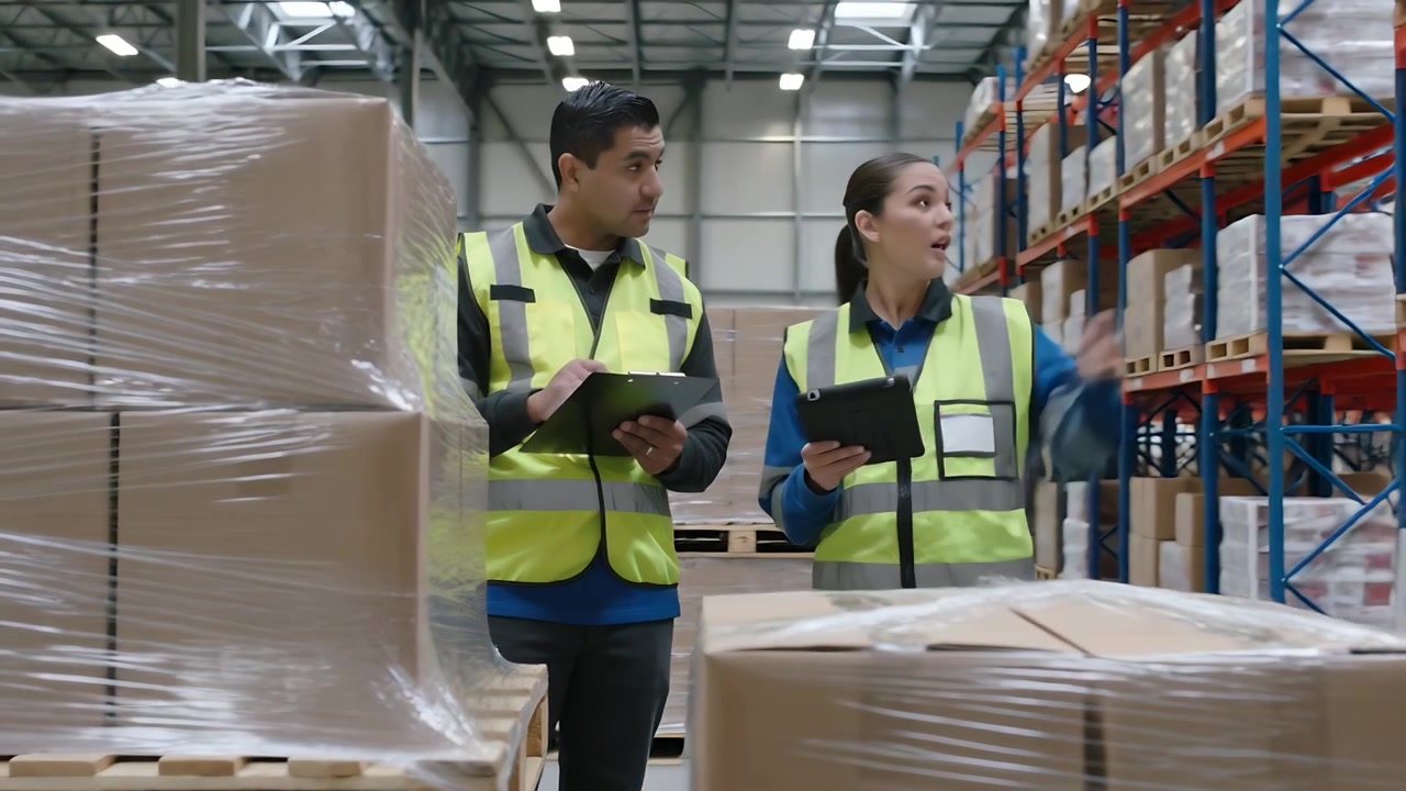 Indicando l'etichetta del pallet, i lavoratori confrontano i tablet per il controllo delle scorte in magazzino, indossando giubbotti ad alta visibilità.