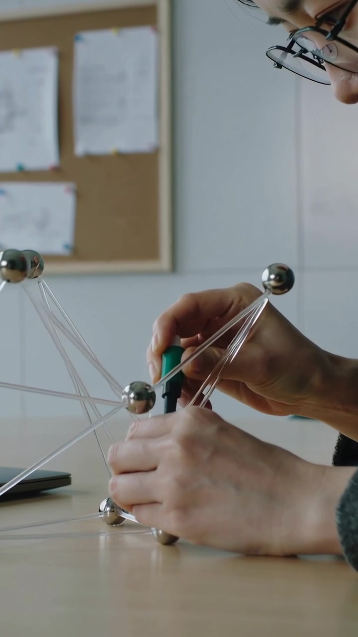 Vídeo vertical: Homem de suéter cinza e óculos pegando ferramenta verde, montando estrutura de haste para modelo na mesa.