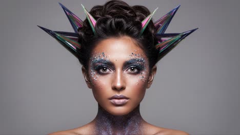 stunning high-fashion portrait with dramatic spiked hair and glittery makeup showcasing unique artistic expression in beauty and style