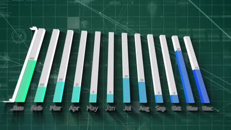 Animation of financial graphs, data and connections in green digital space
