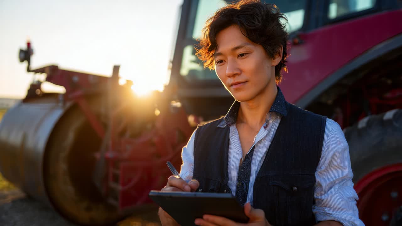 A Thoughtful Farmer in a Field at Sunset Taking Notes on a Tablet with a Tractor in the Background, Capturing the Blend of Technology and Agriculture in Daily Rural Life