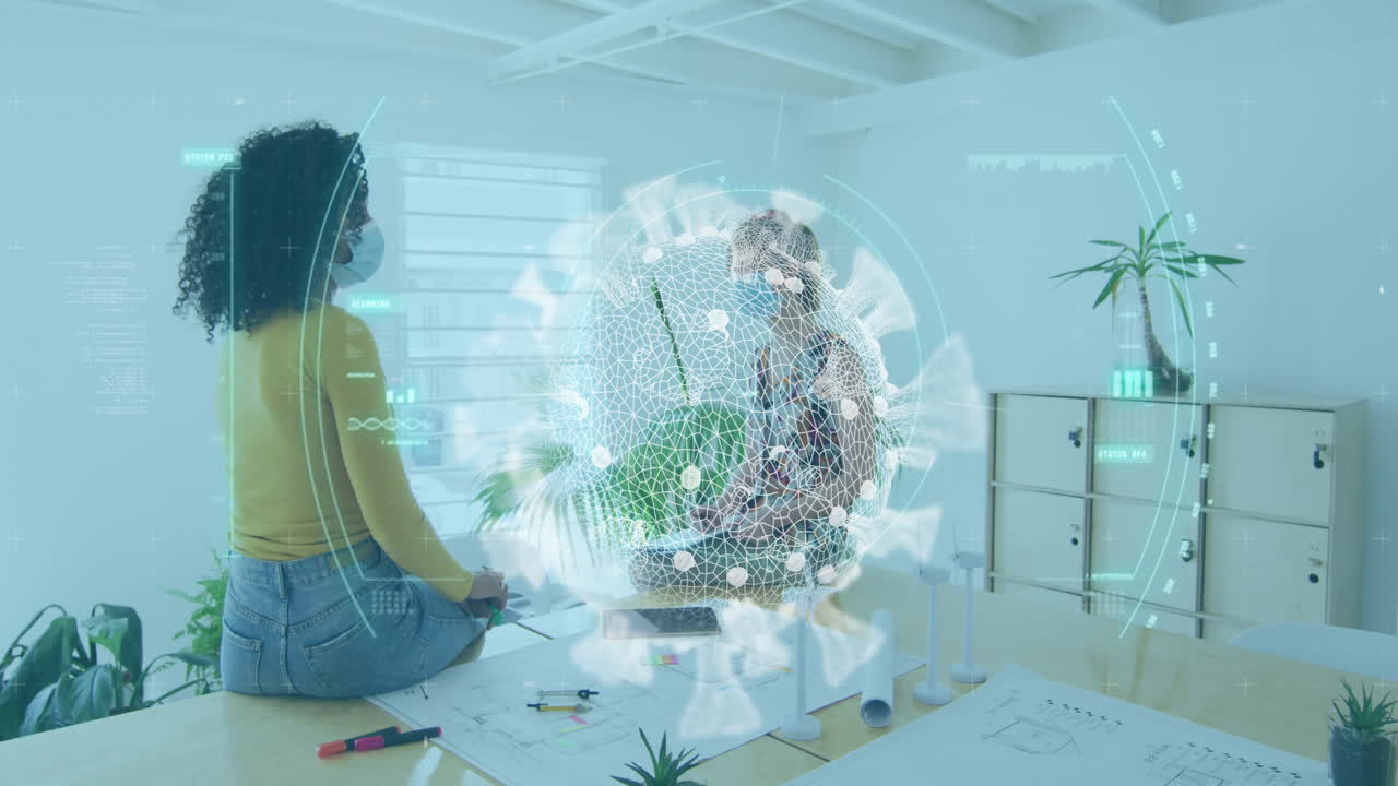 animación de una celda de covid-19 giratoria con colegas en la oficina usando máscaras faciales