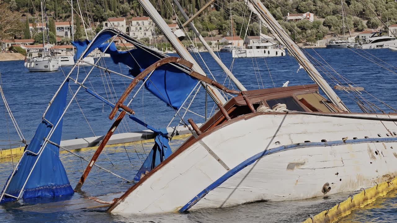 sunken yacht on the rocky coast in ithaca, greece
