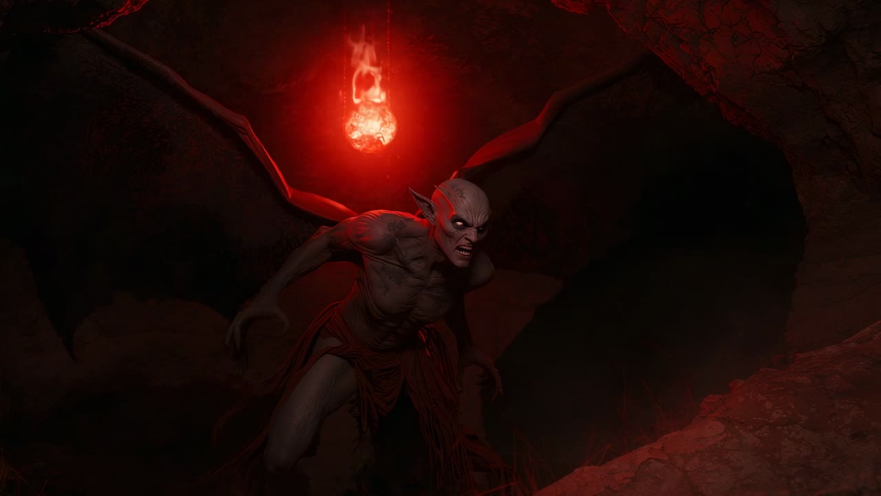 Floating ember causing fireball glowing in cavern, demon stirring unfolding wings preparing attack