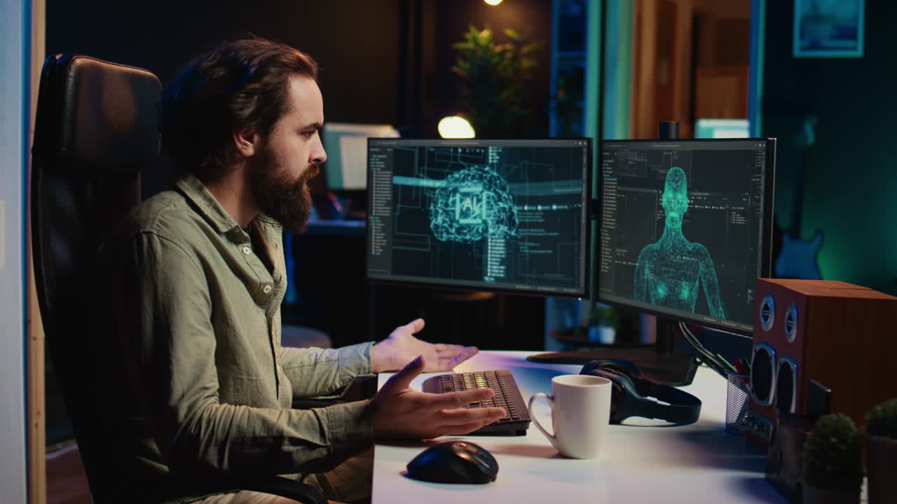 Sentient Ai gains humanoid form inside computer, waving hand, greeting creator