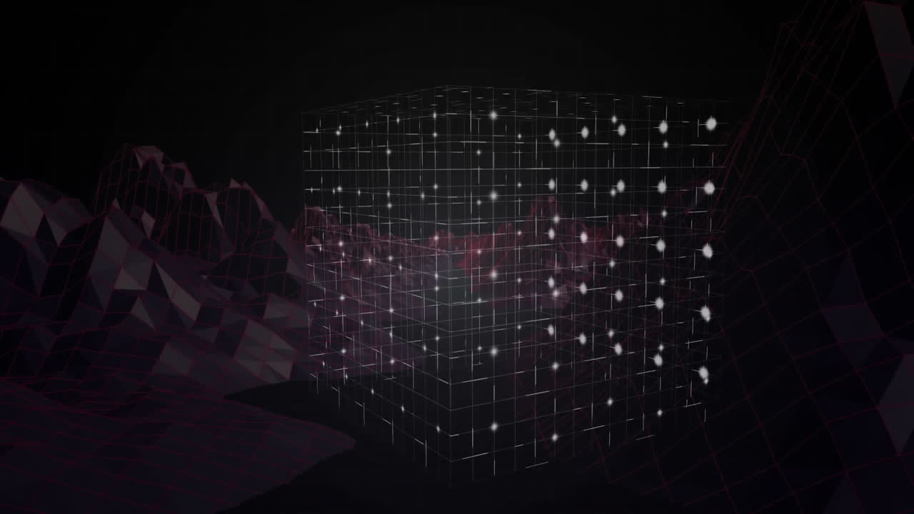 Floating glowing cube with grid pattern over mountainous landscape in animation