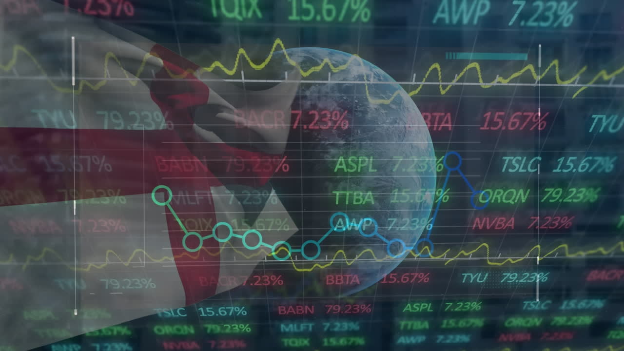 animación del procesamiento de datos y globo sobre la bandera de inglaterra