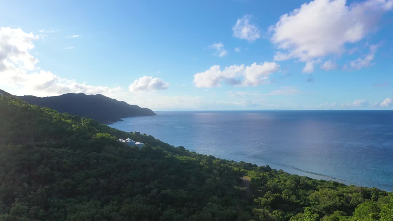 In this tropical midday view of St. Croix, USVI, the sparkling sea hugs a secluded coast, where a small number of luxurious villas lie hidden among dense green trees