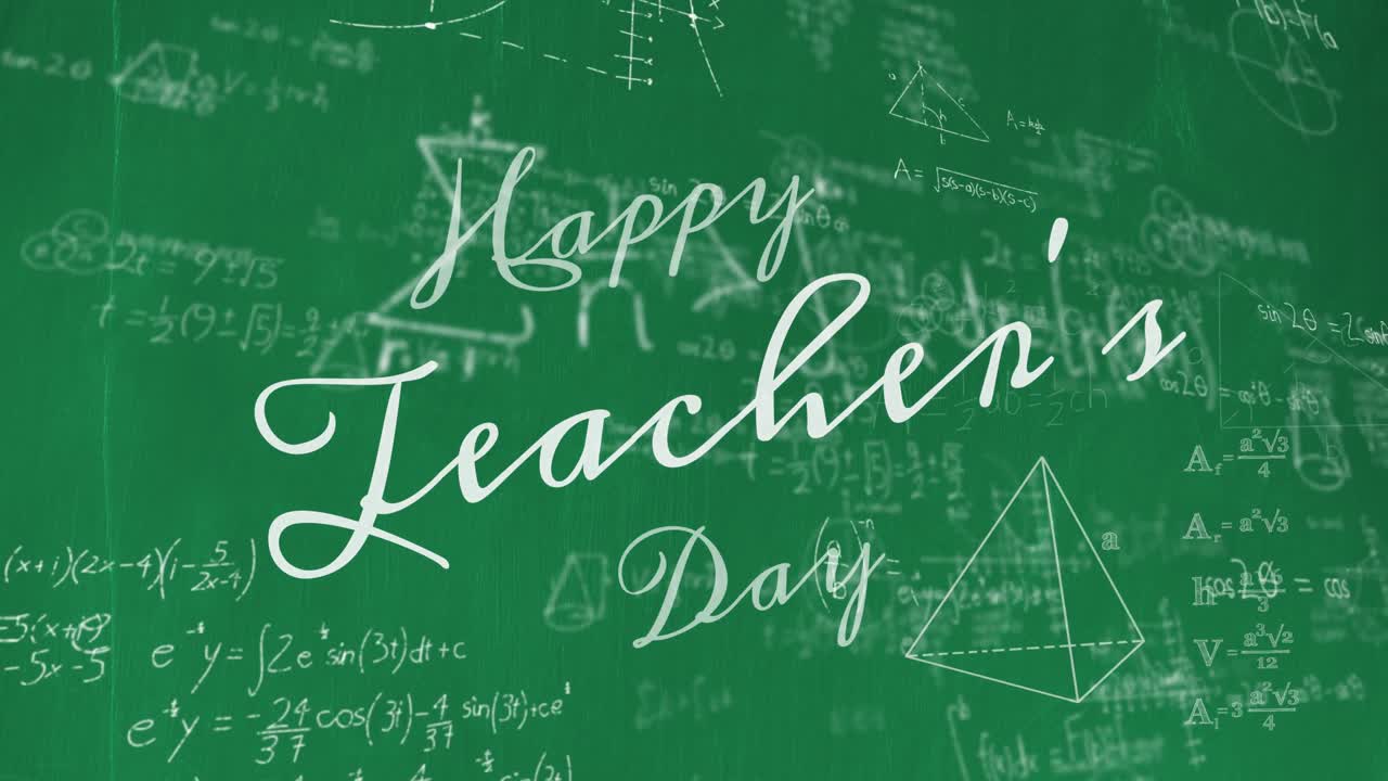 Animação de texto "Feliz Dia dos Professores" sobre equações matemáticas