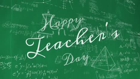 animation of happy teachers day text over mathematical equations