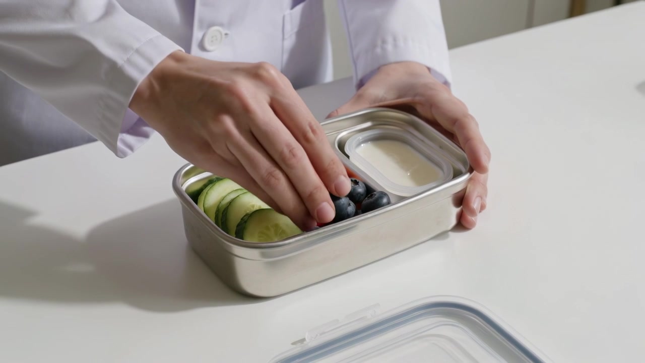 Placing blueberries person in white coat steadying lunchbox at counter prompted by cucumber, pepper