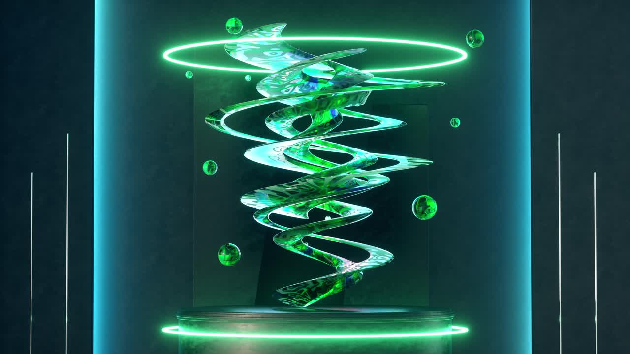3D animation loop of green abstract sculpture installed on round pedestal