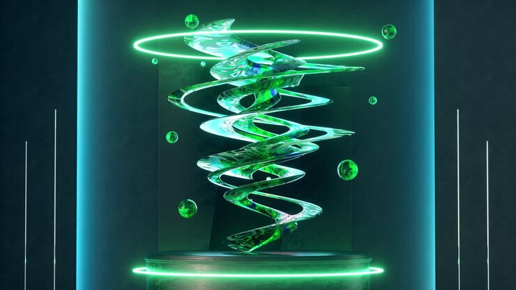 3D animation loop of green abstract sculpture installed on round pedestal