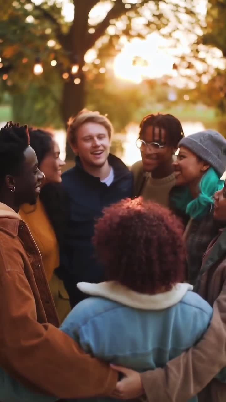 Aerial video shot of diverse friends in a circle, laughing under sunset light in a park