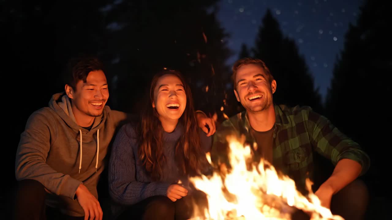 Friends around a campfire at night