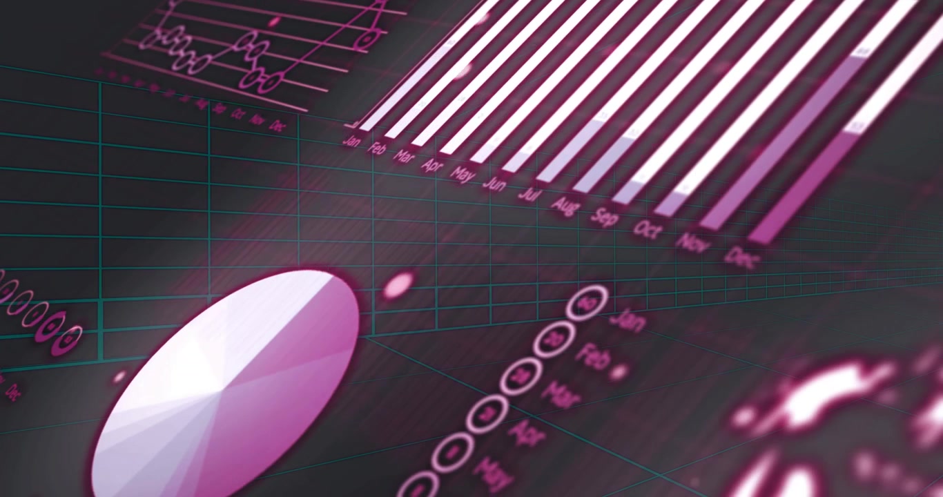 3D neon bar chart being visualized in dark grid space, featuring cyan lines and pink code