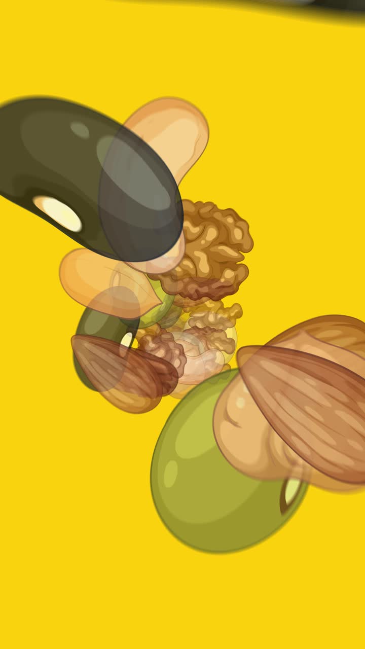 Animated nuts and beans rotate and tumble in a seamless loop, using smooth motion and bright lighting against a bold yellow backdrop for a playful effect