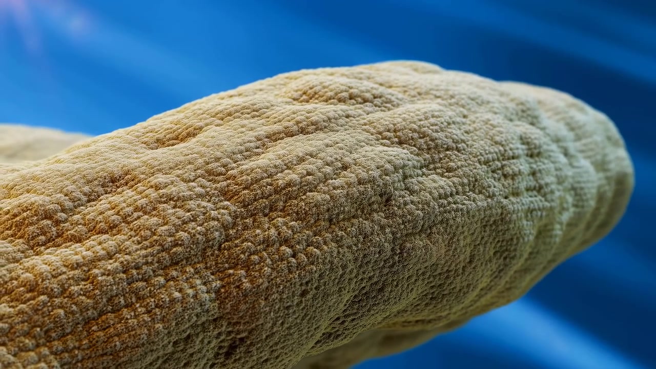 Arachide statica, su sfondo blu con riflessi di luce, con arachidi, con texture del guscio naturale di arachide, da una prospettiva ravvicinata laterale, con accenti marroni e blu.