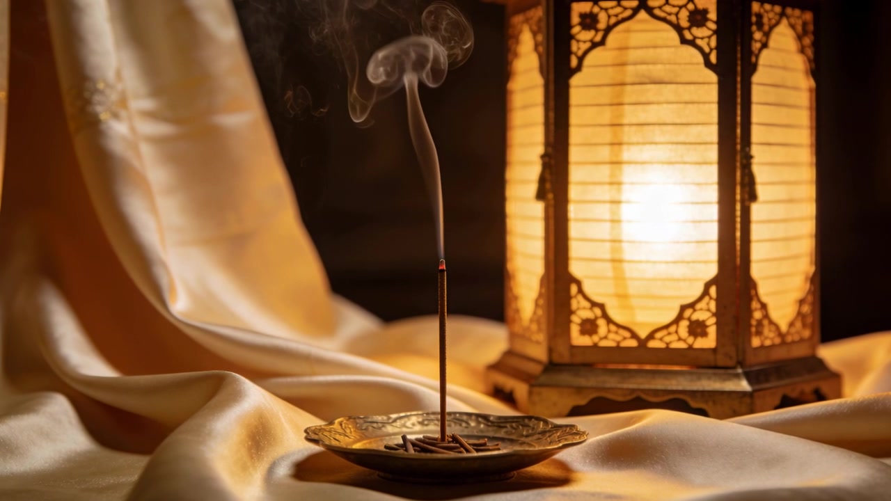 Sending lit incense stick ember making smoke curling on ornate holder at home, lantern glow calm