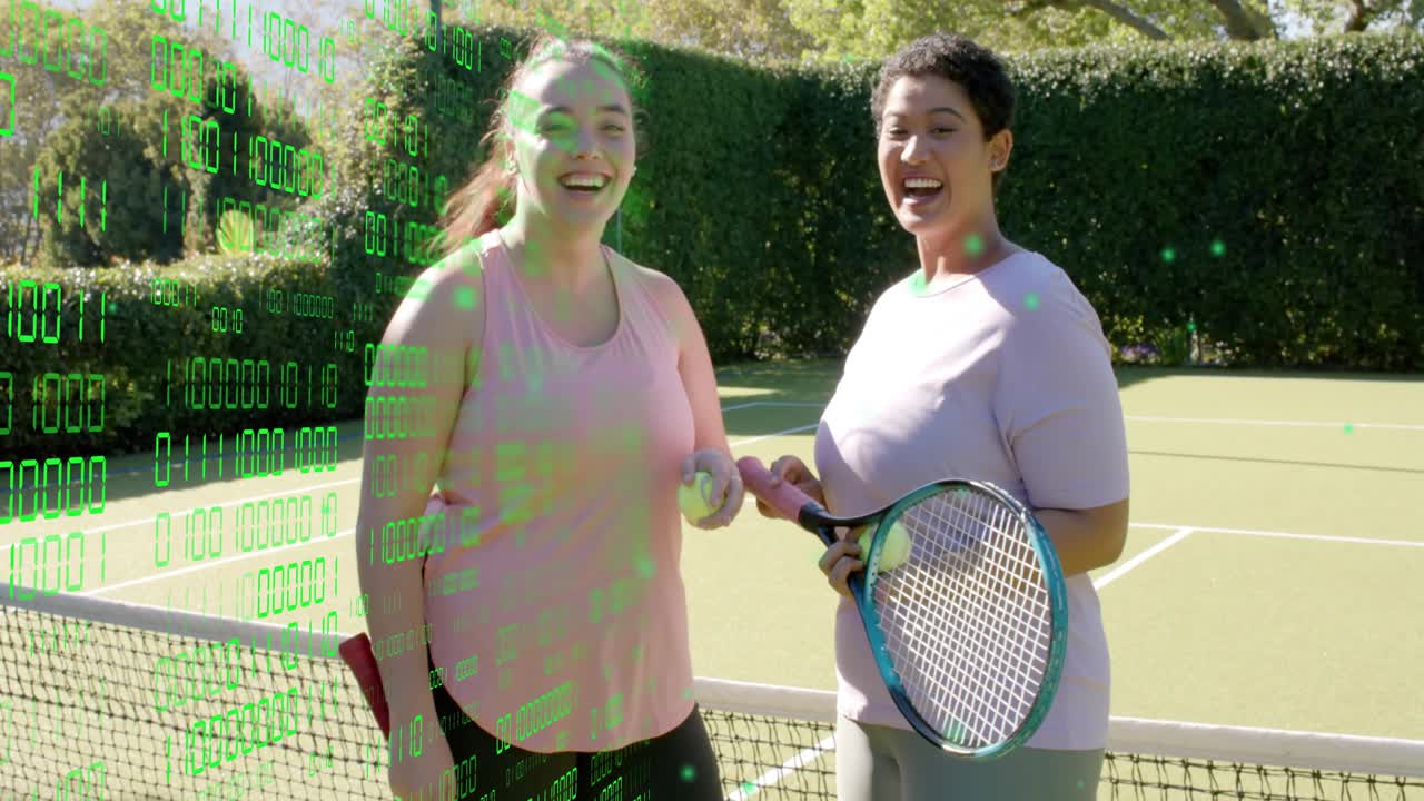 Two women posing on break at tennis net, digital overlay appearing and showing sports racket, ball