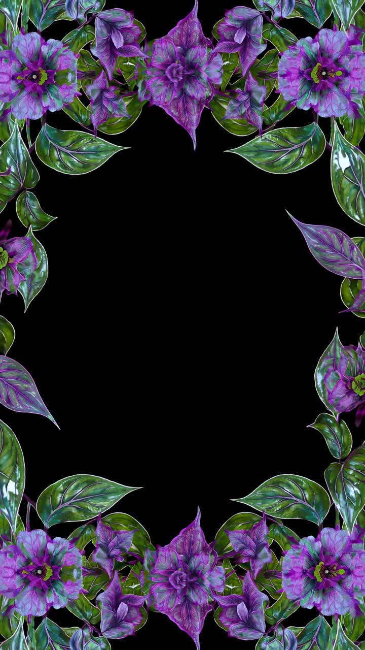 Top-down view of vibrant purple and green floral border on black background, ideal for video frames