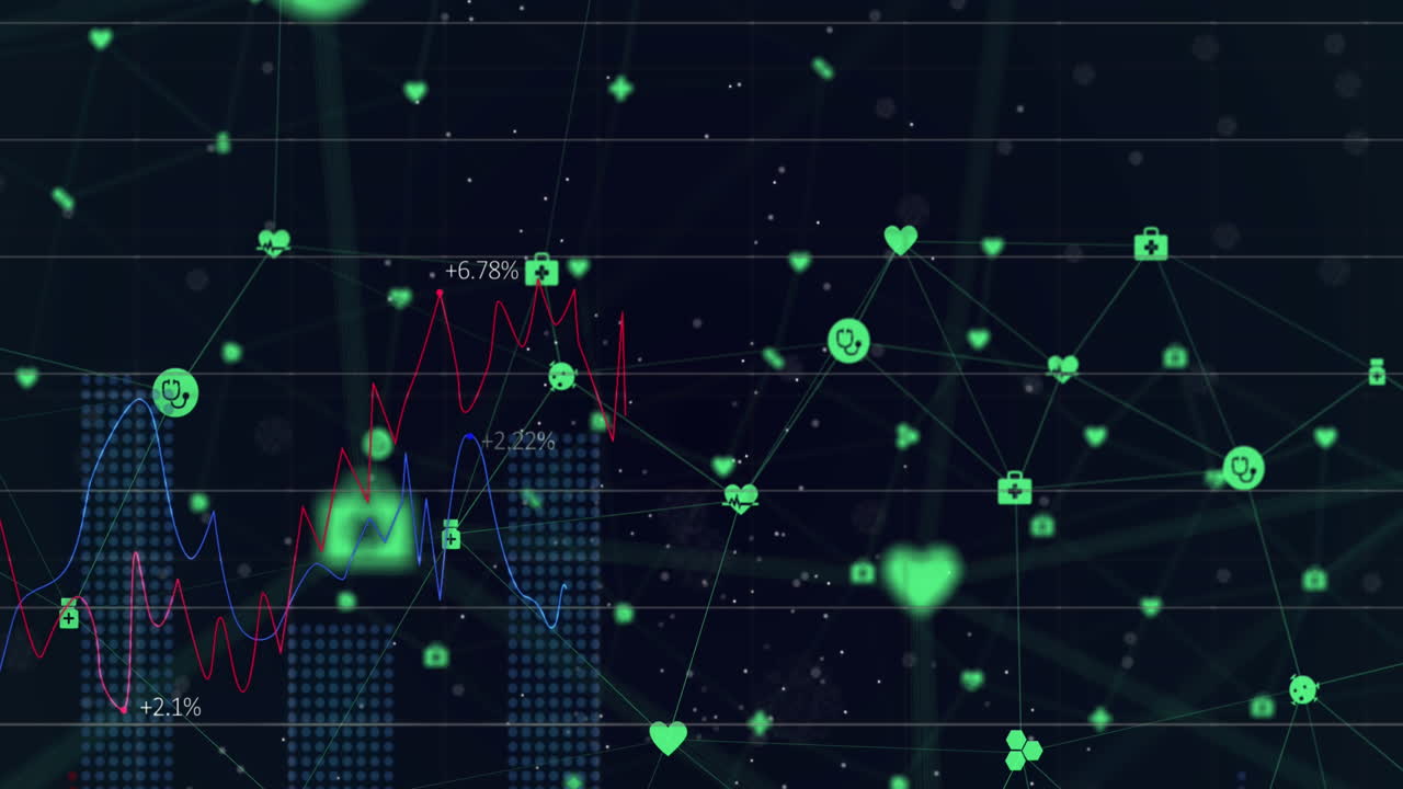 red de iconos médicos contra el procesamiento de datos financieros y del mercado de valores contra un fondo negro