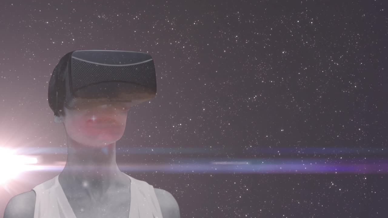 mujer con auriculares vr sobre el universo con múltiples estrellas y un punto brillante de luz en el fondo