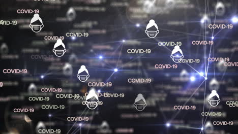 animación de texto y emojis de covid-19 con máscaras faciales con red de conexiones