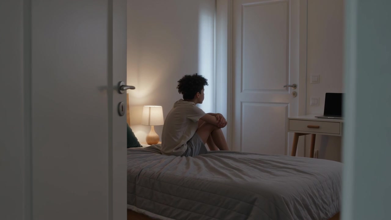 Noticing closed laptop, teenage male sitting cross-legged at home turning head toward desk