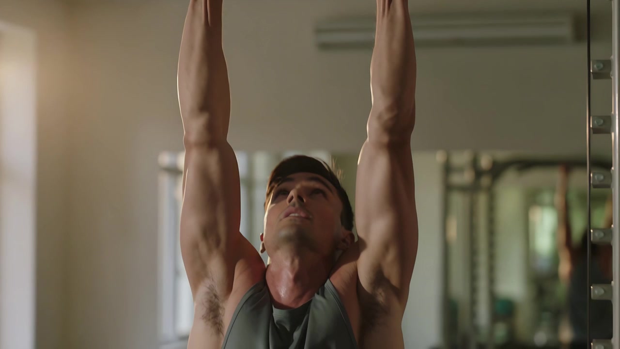 Gripping multi-grip pull-up bar, adult male in sleeveless tank pulling chest up at gym for strength