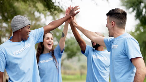 people, high five and volunteer teamwork in nature